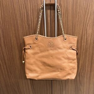 Tory Burch Camel Marion Pebbled Leather Tote with Gold Chain